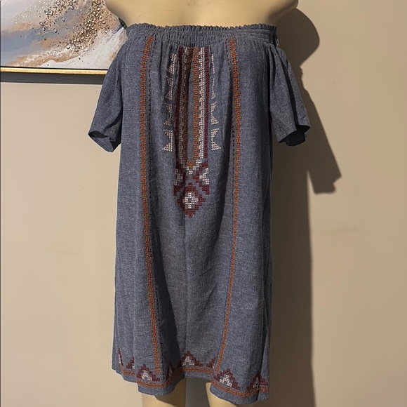 Lush Dresses & Skirts - Lush Blue Off-Shoulder Dress with Red Accents